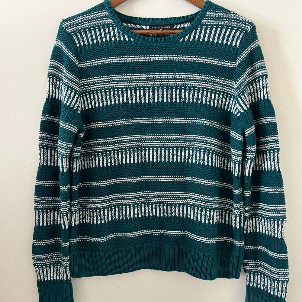 Banana Republic Factory Cotton Sweater In Green & White Stripes Size L
